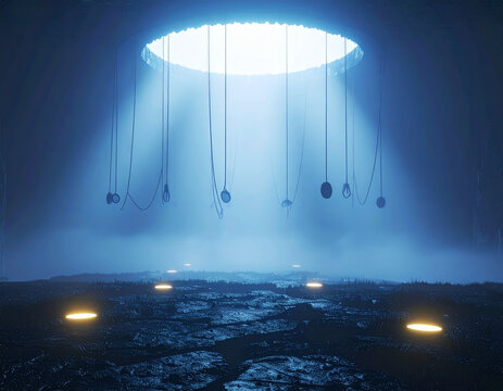 A large, circular opening in a dark, misty cavern ceiling emits a bright, cool blue light, illuminating suspended objects or roots, with several glowing yellow lights scattered across the rugged, wet