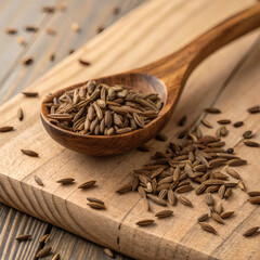 Close up of caraway seeds spilling from a wooden spoon onto a wooden cutting board