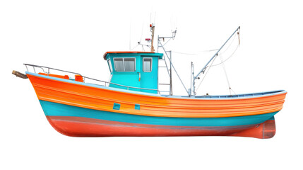 Fototapeta premium Colourful fishing boat in vibrant orange and blue on white background 