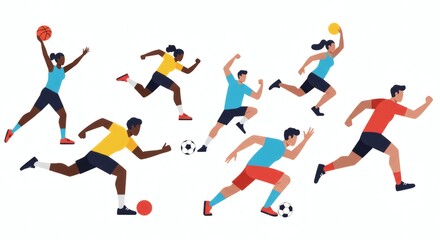 Diverse group of people engaged in various sports activities, running and playing.