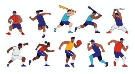 A collection of diverse athletes in dynamic poses, engaged in various sports activities against a white background.