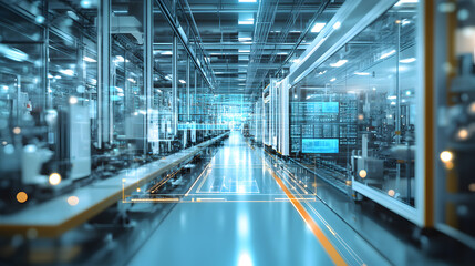 Contemporary Industry 4.0 factory space with cutting-edge automation, robotic equipment, and integrated systems, illustrating futuristic manufacturing, technological innovation, and advanced industria