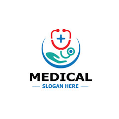 Fototapeta premium Medical Logo with Shield-Shaped Stethoscope, Cross Symbol & Helping Hand – Modern Healthcare Branding Design.