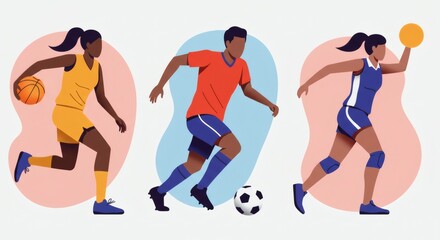 Three diverse athletes engaged in various sports, basketball, soccer, and volleyball, depicted in dynamic action poses.