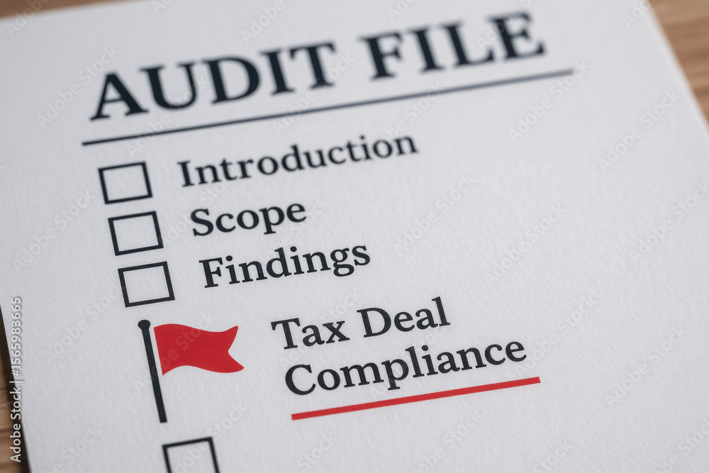 Aufkleber audit file checklist with introduction scope findings and tax deal compliance marked by red flag for
