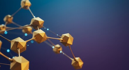 Abstract depiction of interconnected golden geometric shapes against a blurred blue and purple gradient background.