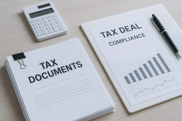 Tax documents and deal compliance papers with calculator and pen on desk for financial planning and tax management