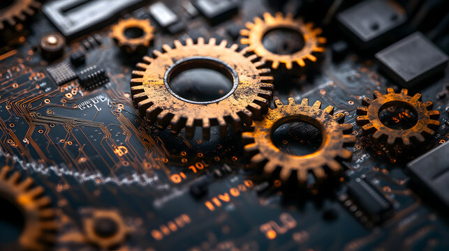 Aged rusty gears over digital code backdrop representing obsolete programming languages, persistent software bugs, legacy system maintenance issues, and accumulating technical debt in software project