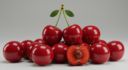 Fresh Red Cherries, Close-up with Halved Cherry Showing Pit fruit