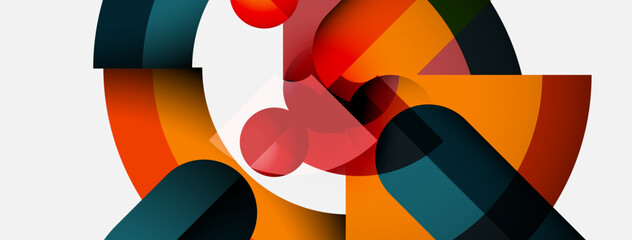 Fototapeta premium Abstract composition featuring overlapping colorful arcs, circles. Minimalist design with warm, cool tones creating dynamic visual effect.