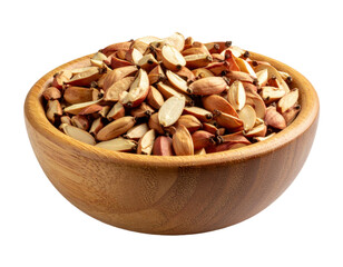 Wooden bowl filled with natural apple seeds isolated on white background
