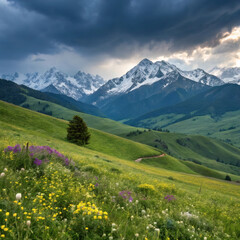 Fototapeta premium Dramatic storm clouds gather over a vibrant green meadow with wildflowers and snow capped mountains