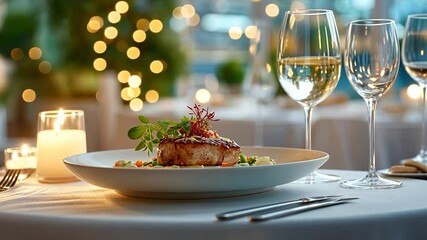 Elegant dinner table setup featuring a plate of grilled steak garnished with microgreens, set against a softly lit backdrop of bokeh lights. Wine glasses and candles add to the intimate atmosphere