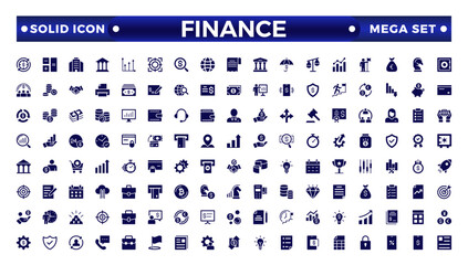 Finance solid icon set. Containing loan, cash, savings, financial goal, profit, budget, mutual fund, earning money, and revenue icons. Outline icons related to management, administration.
