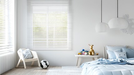 Bright, white child's bedroom with blue accents, natural light, & simple decor