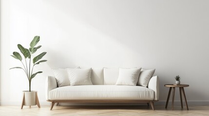 Bright interior scene with white couch, plant, small table, and clean white wall