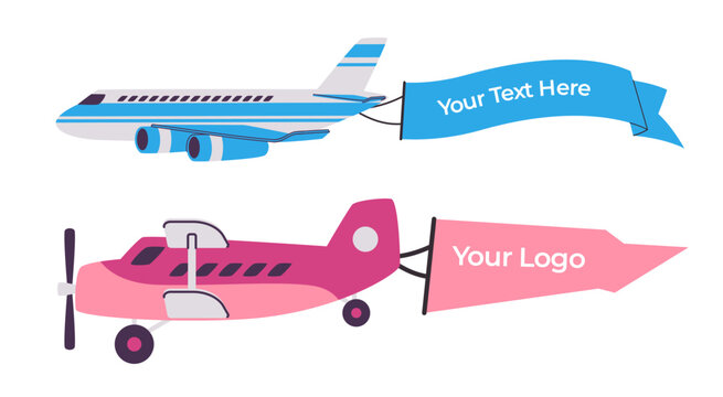 A vector illustration of a pink airplane flying with a blank banner ribbon trailing behind it designed for aerial advertising