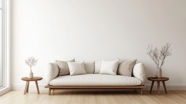 Bright, minimalist living room with off-white couch, side tables, and sparse floral decor