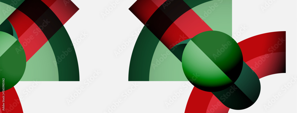 Poster Abstract composition features overlapping spheres, curves. Red, green, dark shades create dynamic visual effect on white background.