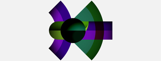 Abstract geometric design. Purple, green shapes overlap central black circle. Minimalist composition, white background, modern aesthetic.
