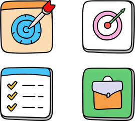 Four colorful hand drawn icons representing business goals targets tasks and a briefcase