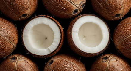 Fresh Ripe Coconuts with Water Drops – Vibrant Close-Up of Tropical Nut
