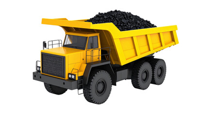 Large yellow dump truck with heavy-duty tires and open-box bed isolated on white background