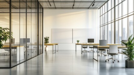 A bright, open office space with a glass-enclosed area and large windows