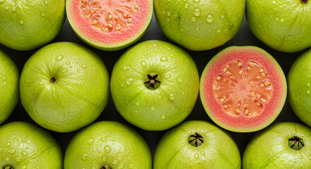Fresh Ripe Guavas with Water Drops – Vibrant Close-Up of Tropical Fruit
