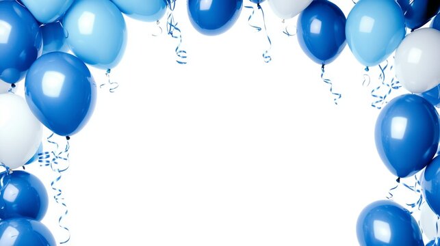 Blue balloons forming festive border frame on white background for birthday celebration, party invitation, or greeting card design




