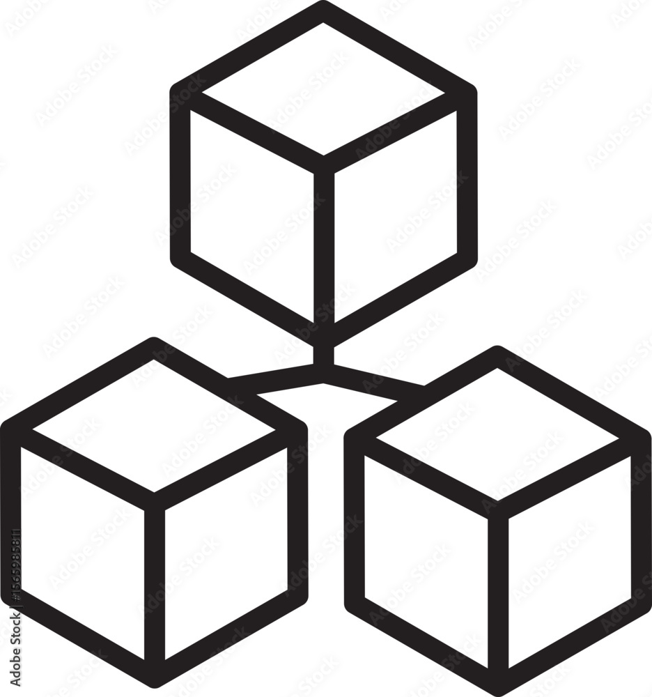 Poster three connected geometric cubes in minimal black outline style, symbolizing network, structure, or b