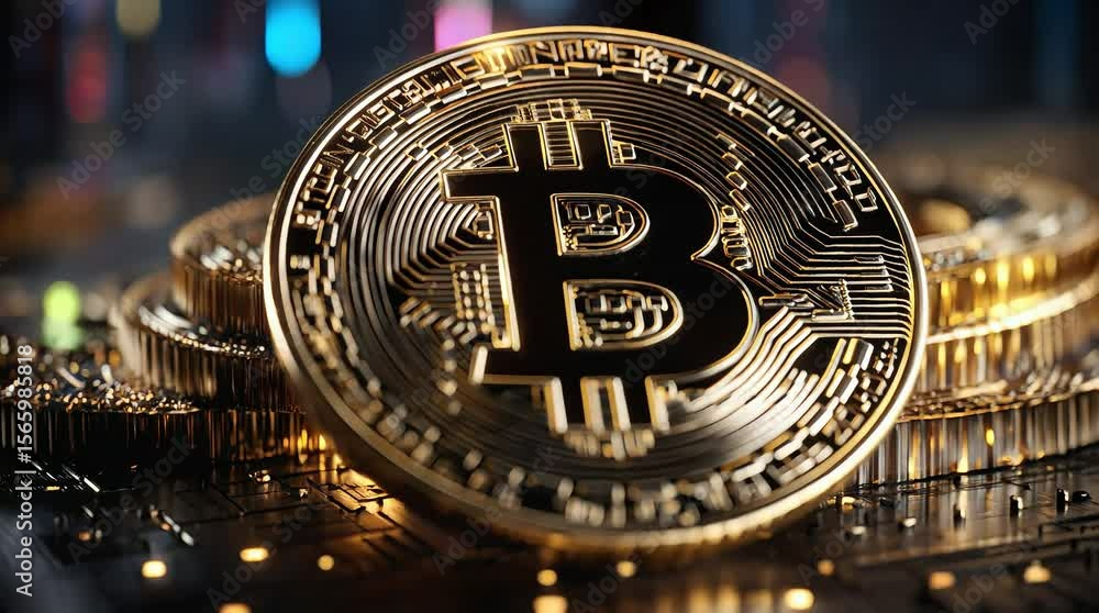 Aufkleber bitcoin cryptocurrency coins are stacked on a circuit board in close up view
