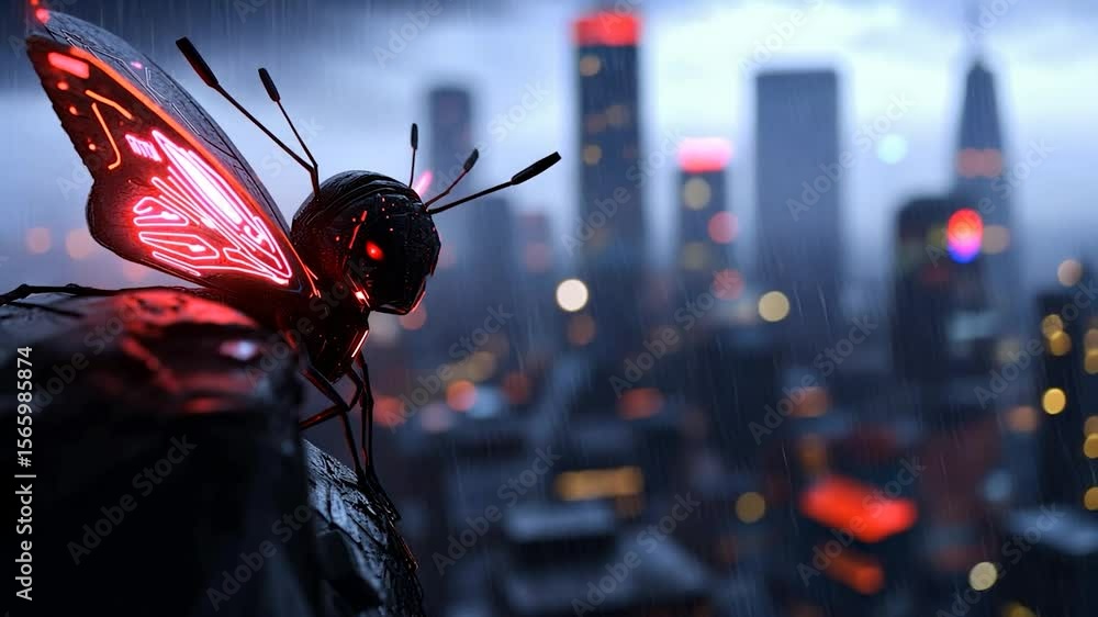 Poster a dark, moody scene features a digitally rendered butterfly with red neon wing patterns perched on a