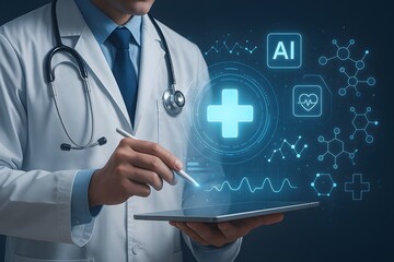 a medical professional utilizing advanced digital tools for diagnosis, patient care, and research, highlighting the future of medicine, telemedicine, and smart healthcare solutions."