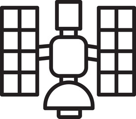 Satellite space technology communication orbit science exploration solar antenna astronomy. Simple black outline illustration of satellite orbit featuring solar panels and antenna representing