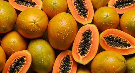 Fresh Ripe Papayas with Water Drops – Vibrant Close-Up of Tropical Fruit