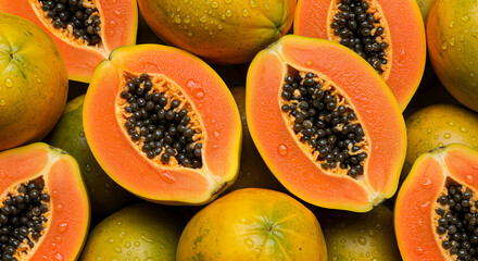 Fresh Ripe Papayas with Water Drops – Vibrant Close-Up of Tropical Fruit