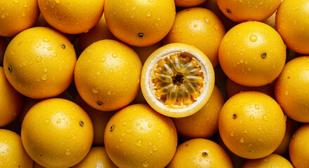Fresh Ripe Passion Fruit with Water Drops – Vibrant Close-Up of Exotic Fruit