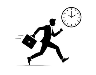 Silhouette of businessman running with briefcase symbolizing urgency, ambition, and career pursuit isolated on white background