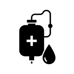 Silhouette of blood bag with single blood drop symbolizing donation and medical transfusion isolated on white background
