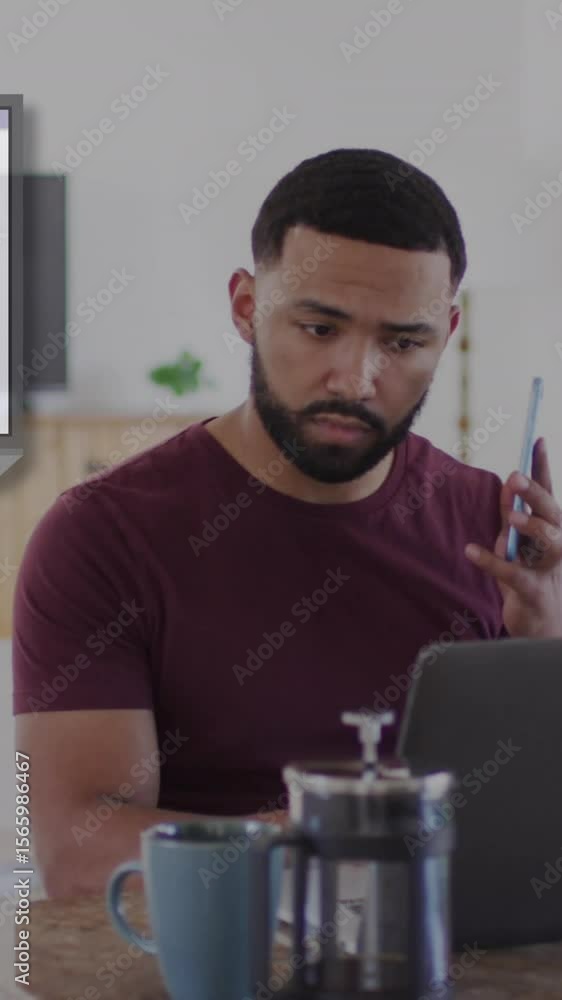Poster animation of ai text, data processing over man using laptop