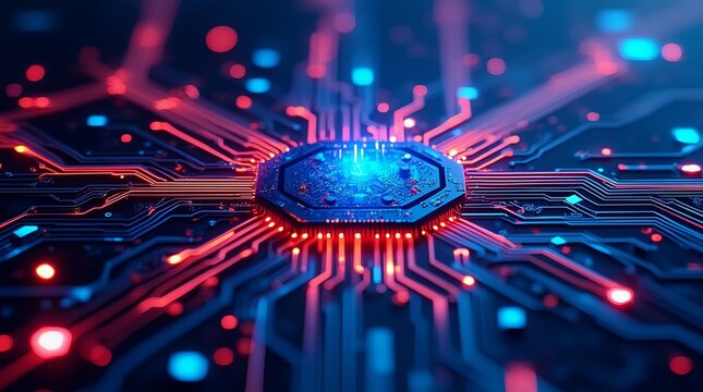 Glowing octagonal CPU processor on a circuit board with red and blue light trails, concept of data processing