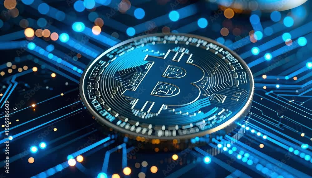 Aufkleber Bitcoin on circuit board with glowing lights and digital network flow