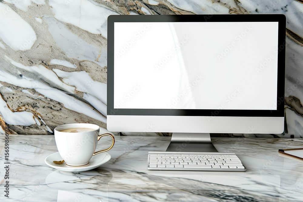 Poster sharp picture of desktop computer on marble desk with coffee and copy space