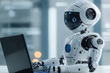 Futuristic humanoid robot working on a laptop, concept of AI, automation, and the future of work