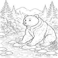 Obraz premium Black and White Line Art of Bear by Forest River – Wildlife Nature Sketch