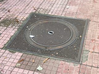 Square manhole cover on pink and gray brick pavement with leaves