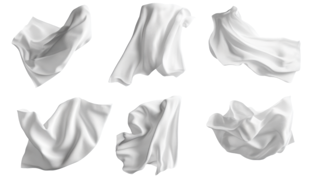 Collection of six white fabric sheets floating on white background 