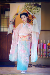 Pretty young Asian Japanese woman in a Traditional Furisode Kimono Yukata dress costume. A young...