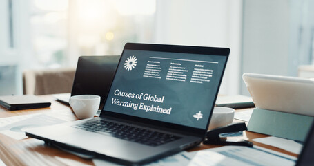 Global warming, screen and laptop on desk in office for website, information and research....